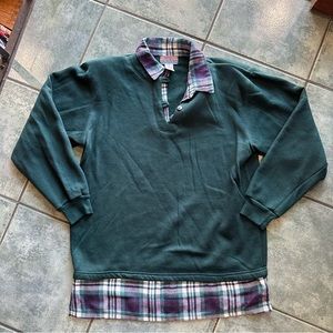 VTG 80s Emerald Green Flannel Layered Look Polo Long Sleeve Dress Shirt